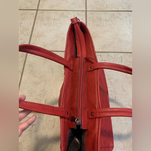 Bright Red PU Leather Geometric Pattern Tote Bag Satchel - Spacious Interior - Picture 8 of 15